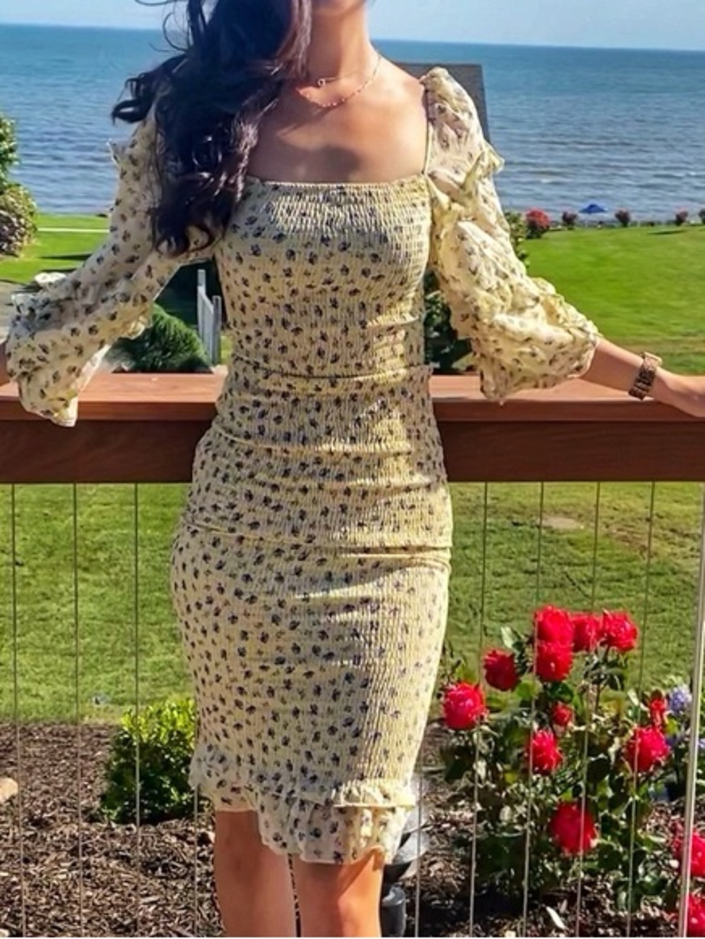 Petal + Pup Yellow Floral Smocked Midi Dress Puff Sleeves Size 8